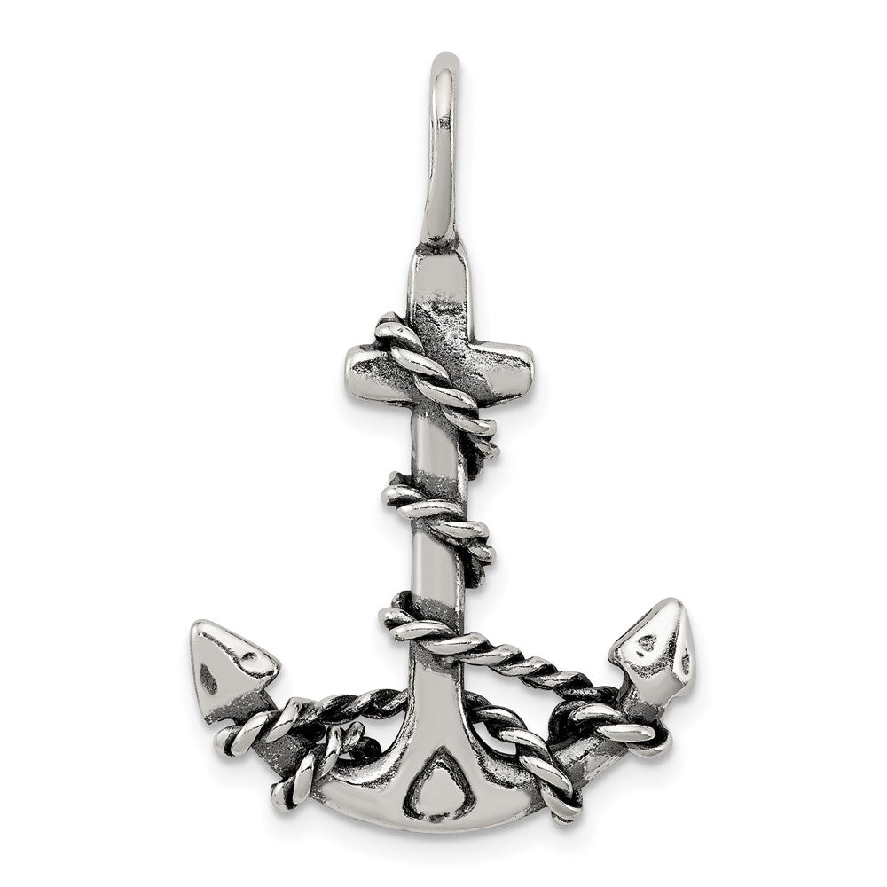 Sterling Silver 3D Antiqued Anchor and Rope Pendant, 33 x 22 mm
