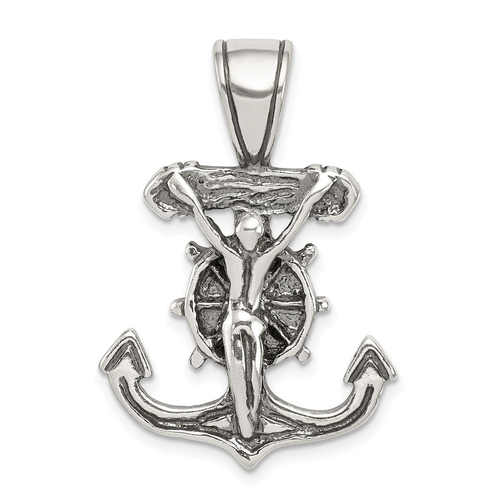 Sterling Silver Antiqued Mariner's Crucifix Pendant, 34 x 23 mm