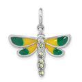 Sterling Silver Rhodium-plated Polished Green CZ & Enameled Dragonfly w/ Spring Ring Clasp Charm, 24.7 x 22.1 mm