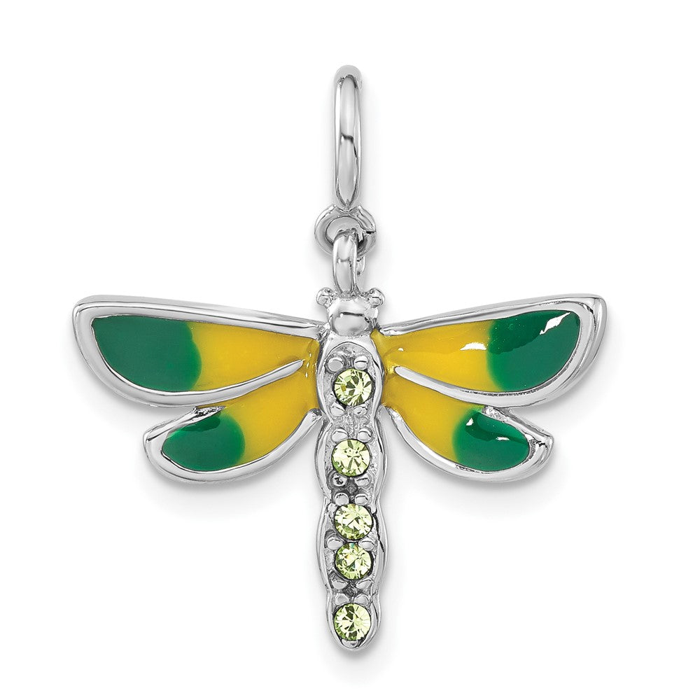 Sterling Silver Rhodium-plated Polished Green CZ & Enameled Dragonfly w/ Spring Ring Clasp Charm, 24.7 x 22.1 mm