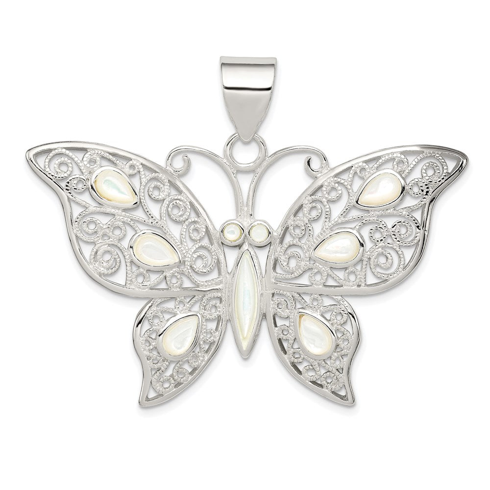 Sterling Silver Filigree Fancy Mother of Pearl Butterfly Pendant, 41 x 50 mm