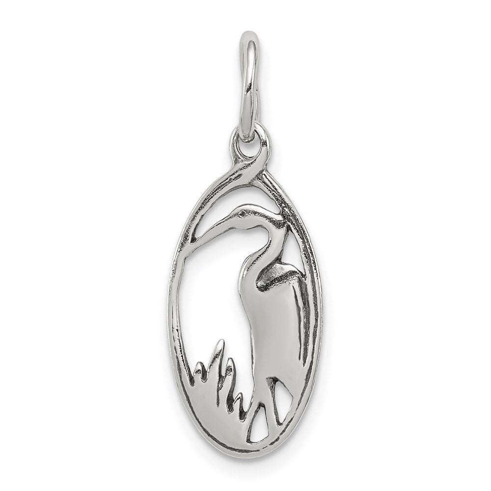 Sterling Silver Antiqued Crane in Oval Frame Charm, 21 x 11 mm