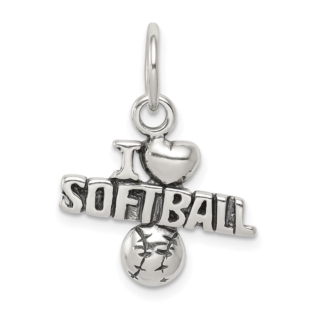 Sterling Silver Antique I (heart) Softball Charm, 17 x 18 mm