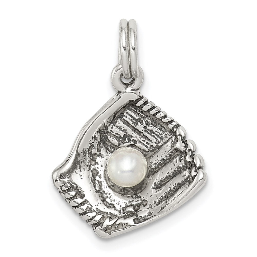 Sterling Silver Antiqued Baseball Glove w/Simulated Pearl Charm, 13 x 13 mm