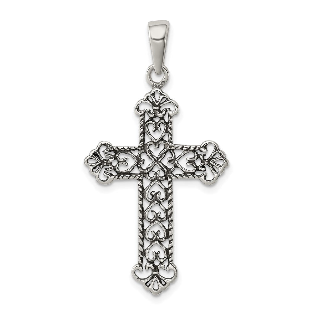 Sterling Silver Antiqued Fleur de lis Cross Pendant, 40 x 21 mm