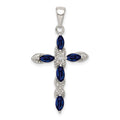 Sterling Silver Rhodium-plated Sapphire and Diamond Cross Pendant, 0.91 ct, 32 x 18 mm
