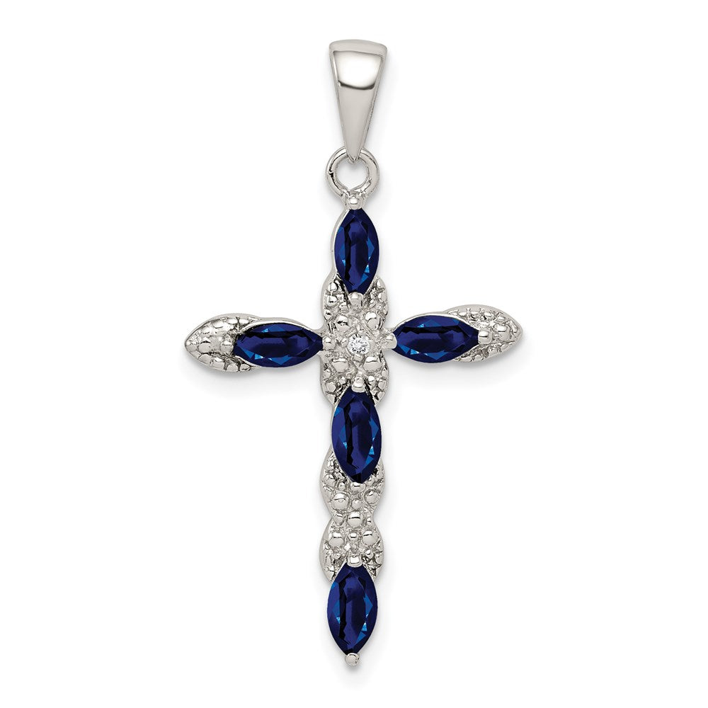 Sterling Silver Rhodium-plated Sapphire and Diamond Cross Pendant, 0.91 ct, 32 x 18 mm