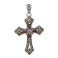 Sterling Silver Antiqued Red Marquise CZ Marcasite Cross Pendant, 53 x 31 mm