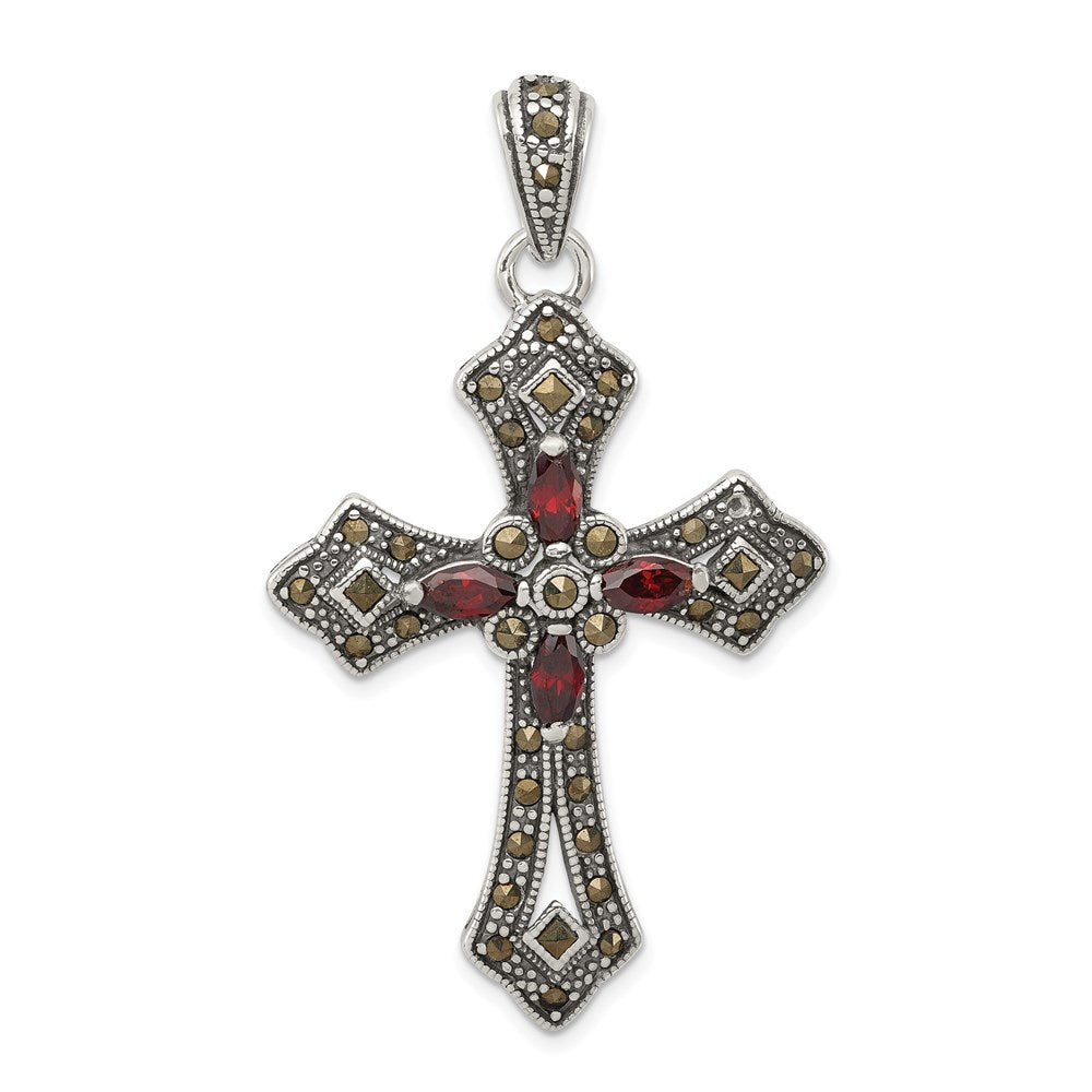 Sterling Silver Antiqued Red Marquise CZ Marcasite Cross Pendant, 53 x 31 mm
