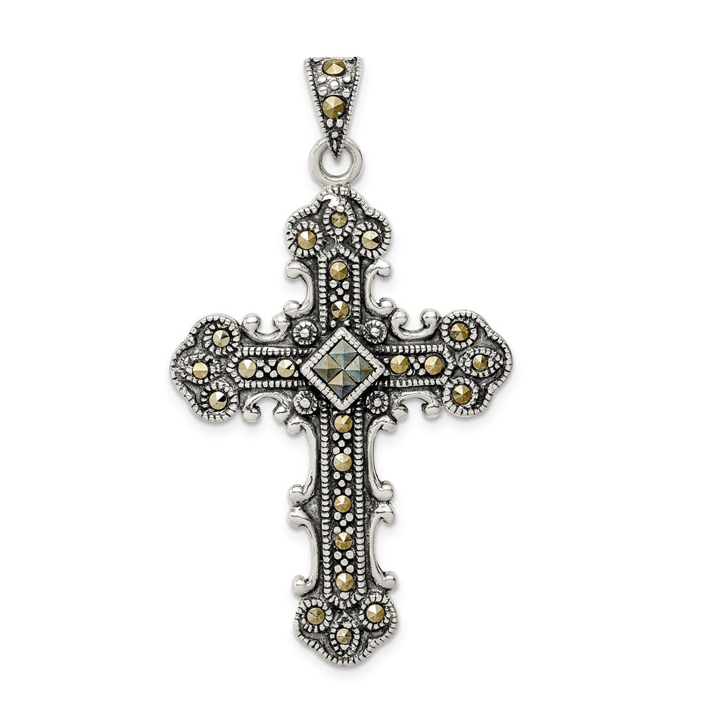 Sterling Silver Antiqued Marcasite Cross Pendant, 50 x 29 mm
