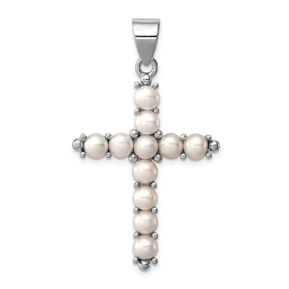 Sterling Silver Rhodium-platedFW Cultured Pearl Cross Pendant, 42 x 25 mm