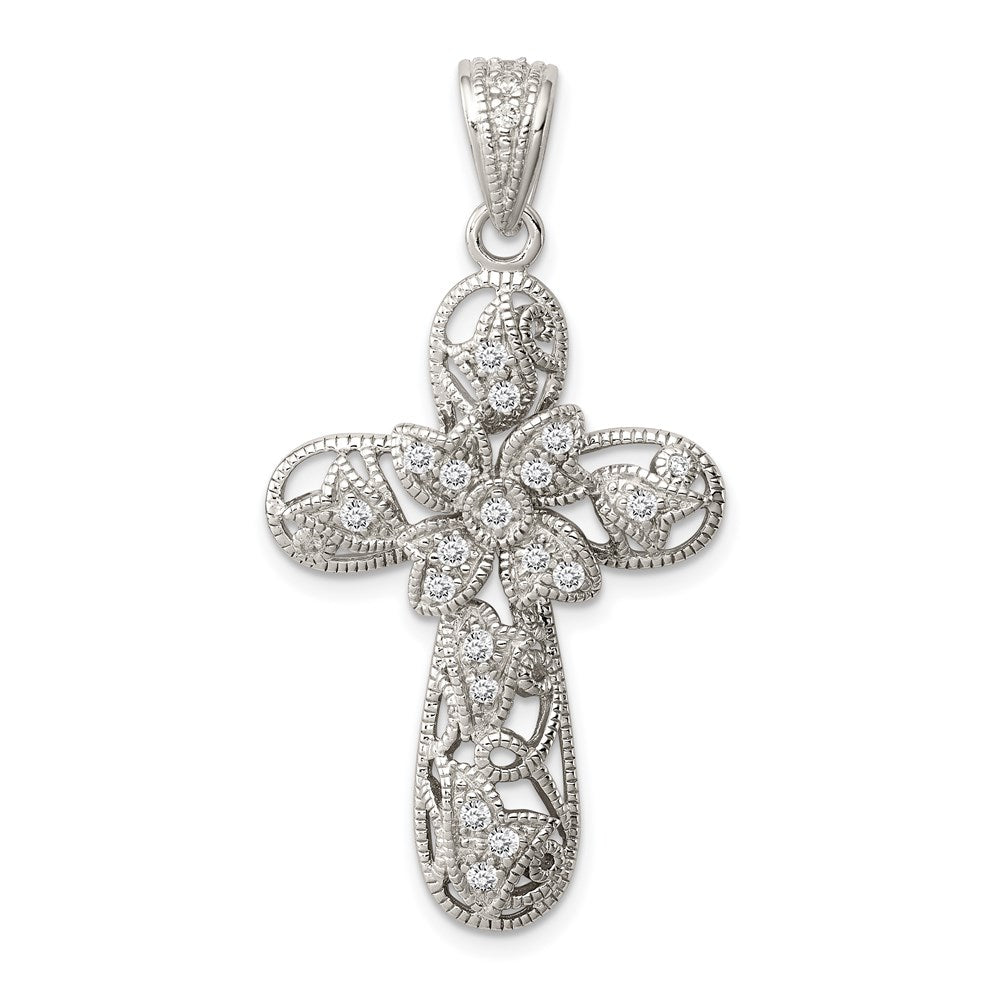 Sterling Silver Rhodium-plated CZ Cross Pendant, 42 x 33 mm