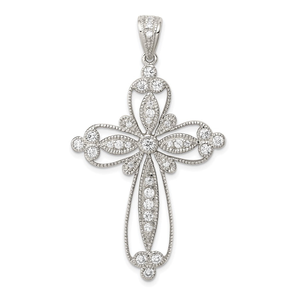 Sterling Silver Rhodium-plated CZ Filigree Cross Pendant, 52 x 30 mm