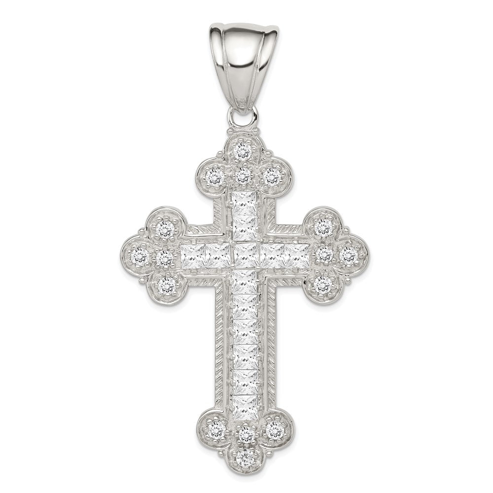 Sterling Silver Rhodium-plated CZ Budded Cross Pendant, 74 x 41 mm