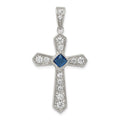 Sterling Silver Rhodium-plated Blue CZ Center & CZ Passion Cross Pendant, 40 x 22 mm