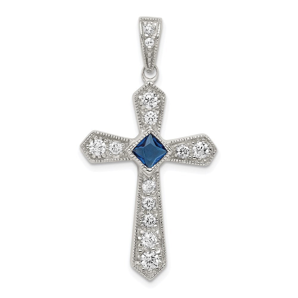 Sterling Silver Rhodium-plated Blue CZ Center & CZ Passion Cross Pendant, 40 x 22 mm