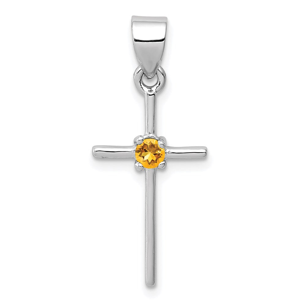 Sterling Silver Rhodium-platedCitrine Cross Pendant, 11 x 28 mm