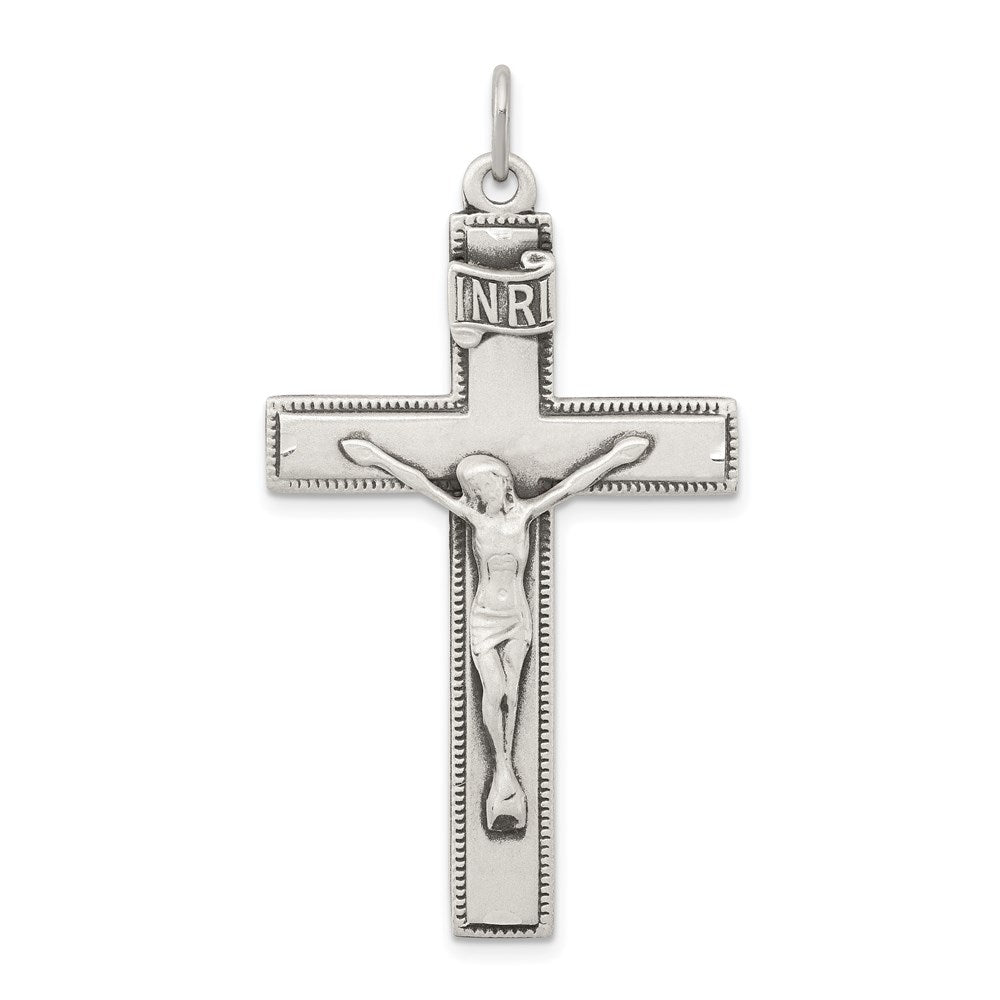 Sterling Silver Antiqued INRI Crucifix Pendant, 46 x 25 mm
