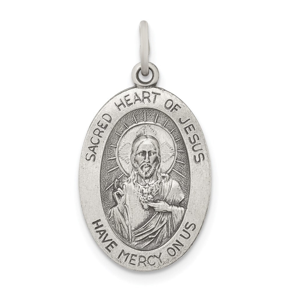 Sterling Silver Antiqued Sacred Heart of Jesus Medal, 22 x 15 mm