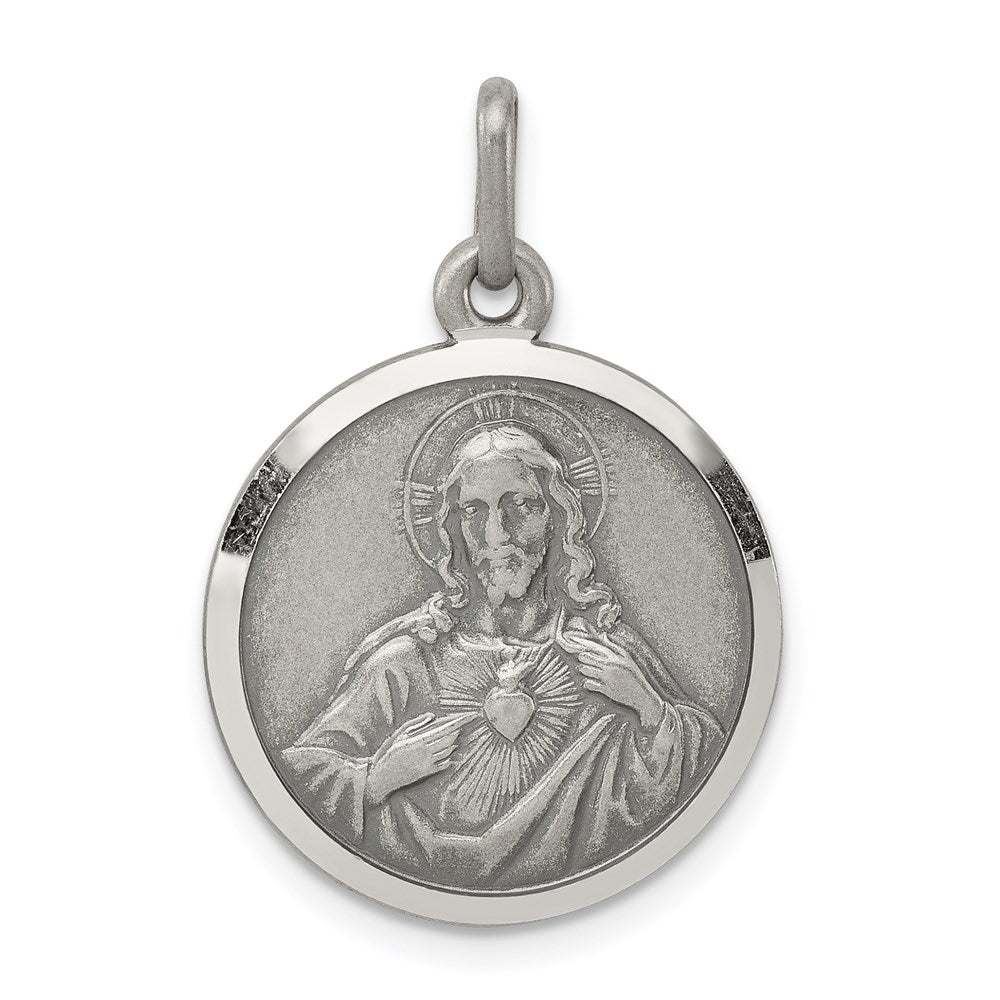 Sterling Silver Antiqued Sacred Heart of Jesus Medal, 31 x 16 mm
