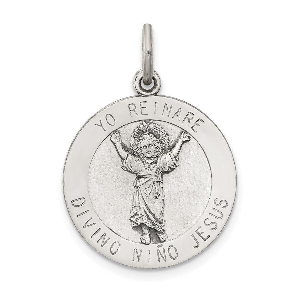 Sterling Silver Antiqued Divino Nino Medal (Divine Infant Jesus), 23 x 18 mm
