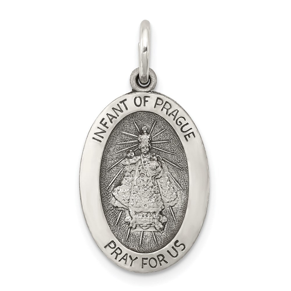 Sterling Silver Antiqued Infant of Prague Medal, 25 x 13 mm