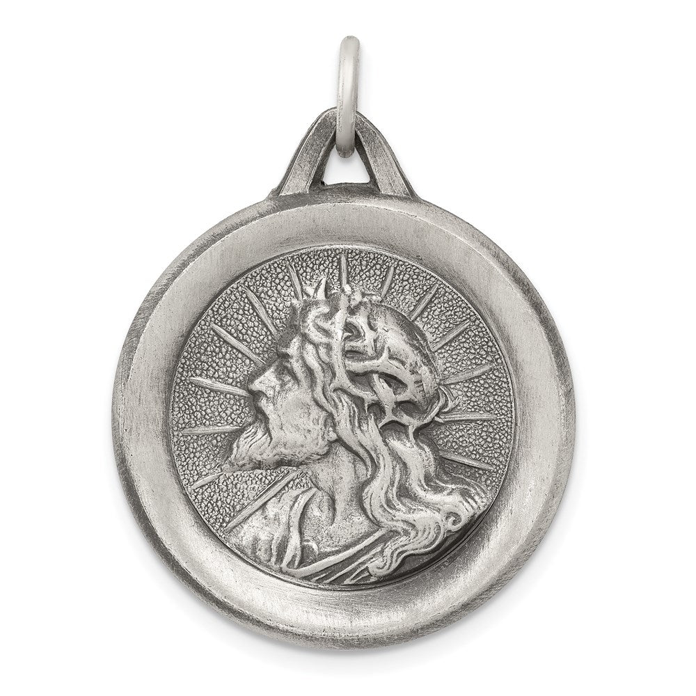 Sterling Silver Antiqued Jesus Medal, 31 x 24 mm