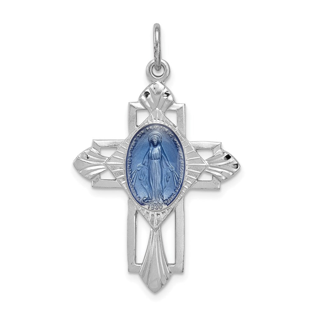 Sterling Silver Platinum-plated Miraculous Medal Cross Pendant, 36 x 23 mm