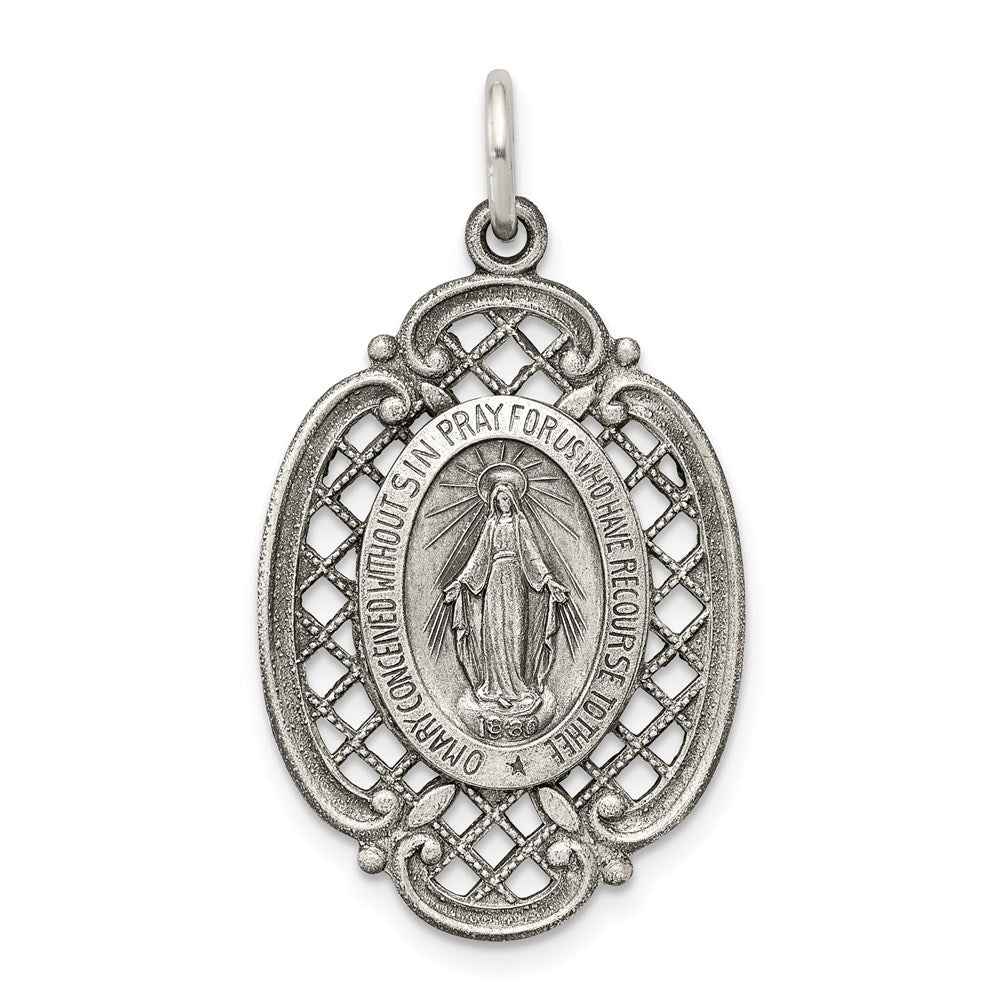 Sterling Silver Antiqued Miraculous Medal, 33 x 18 mm