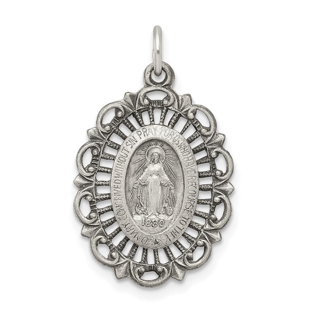 Sterling Silver Antiqued Miraculous Medal, 27 x 15 mm