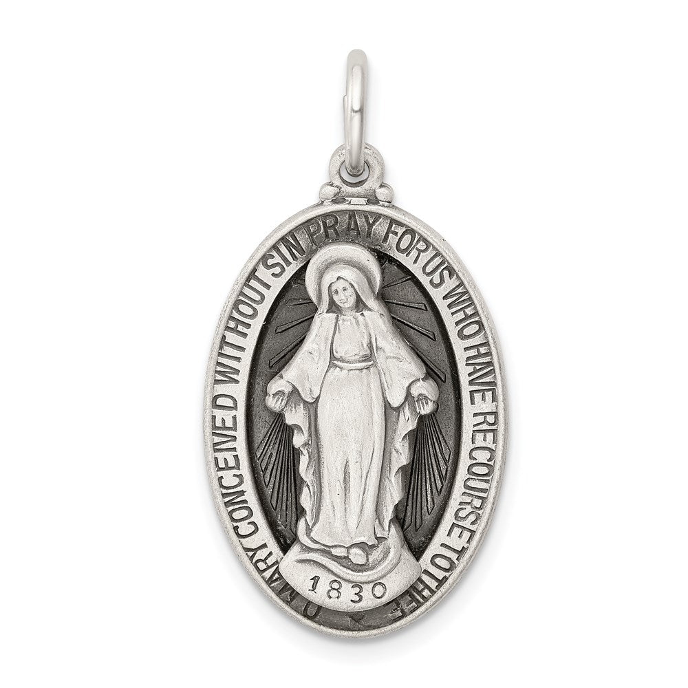 Sterling Silver Antiqued Miraculous Medal, 30 x 16 mm