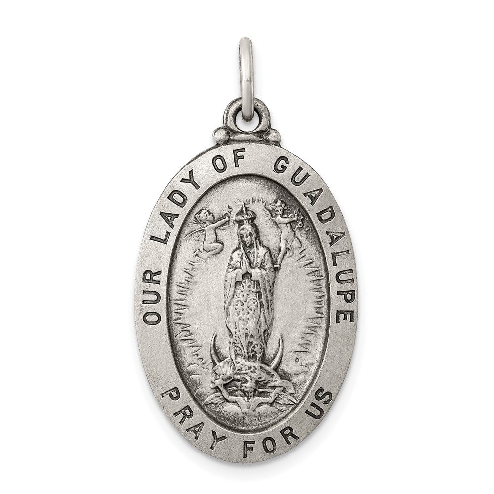 Sterling Silver Antiqued Our Lady of Guadalupe Medal, 33 x 18 mm
