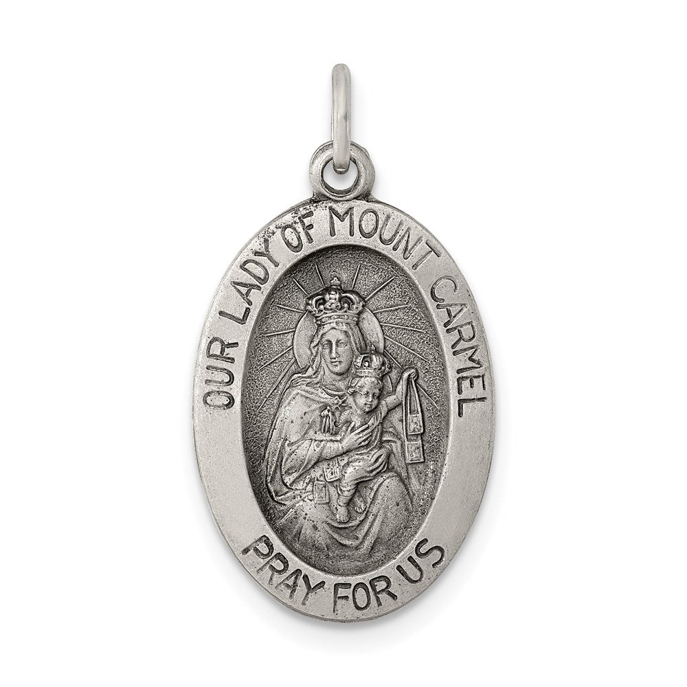 Sterling Silver Antiqued Our Lady of Mt.Carmel Medal, 24 x 13 mm