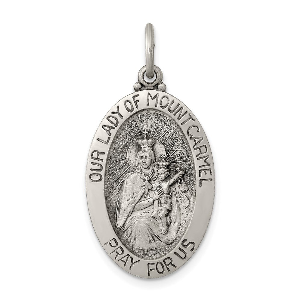 Sterling Silver Antiqued Our Lady of Mount Carmel Medal, 31 x 16 mm