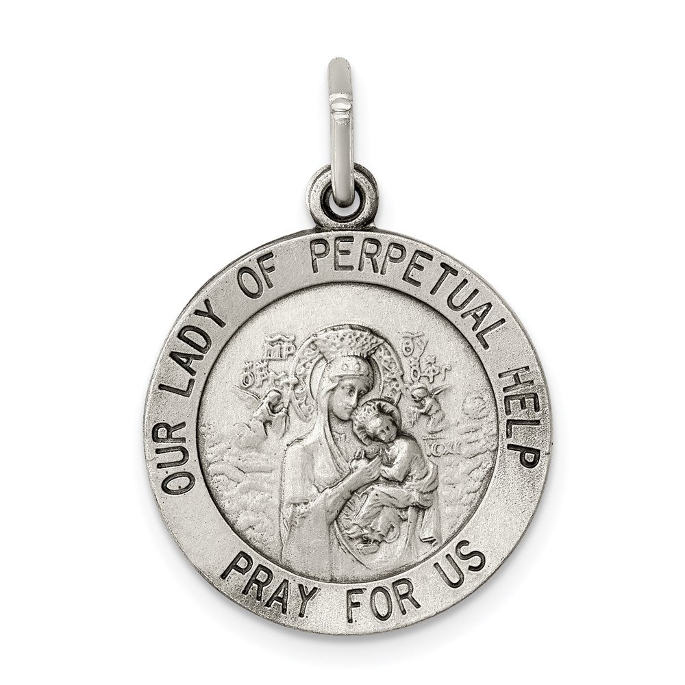 Sterling Silver Antiqued Our Lady of Perpetual Help Round Medal, 24 x 13 mm