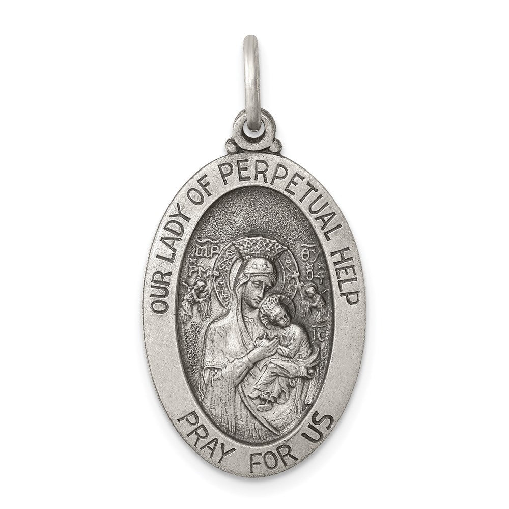 Sterling Silver Antiqued Our Lady of Perpetual Help Medal, 31 x 16 mm