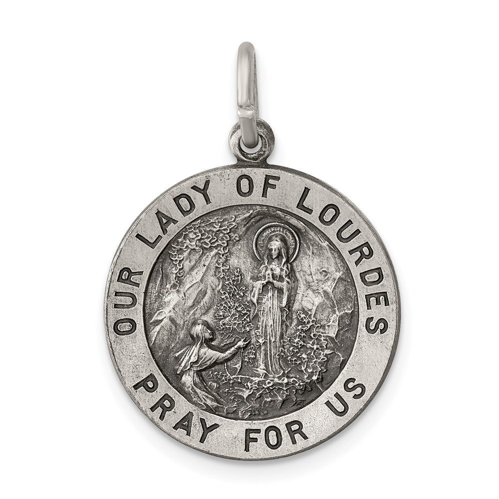 Sterling Silver Antiqued Our Lady of Lourdes Medal, 24 x 14 mm