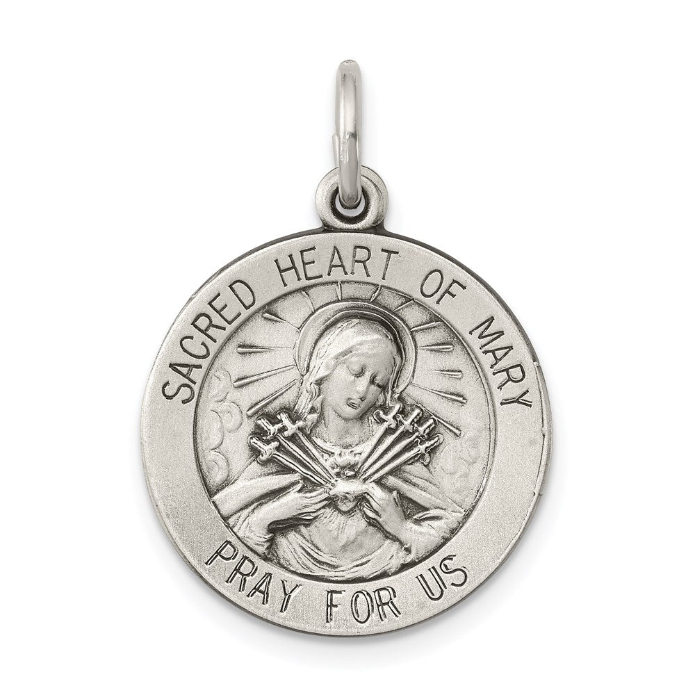 Sterling Silver Antiqued Sacred Heart of Mary Medal, 26 x 19 mm