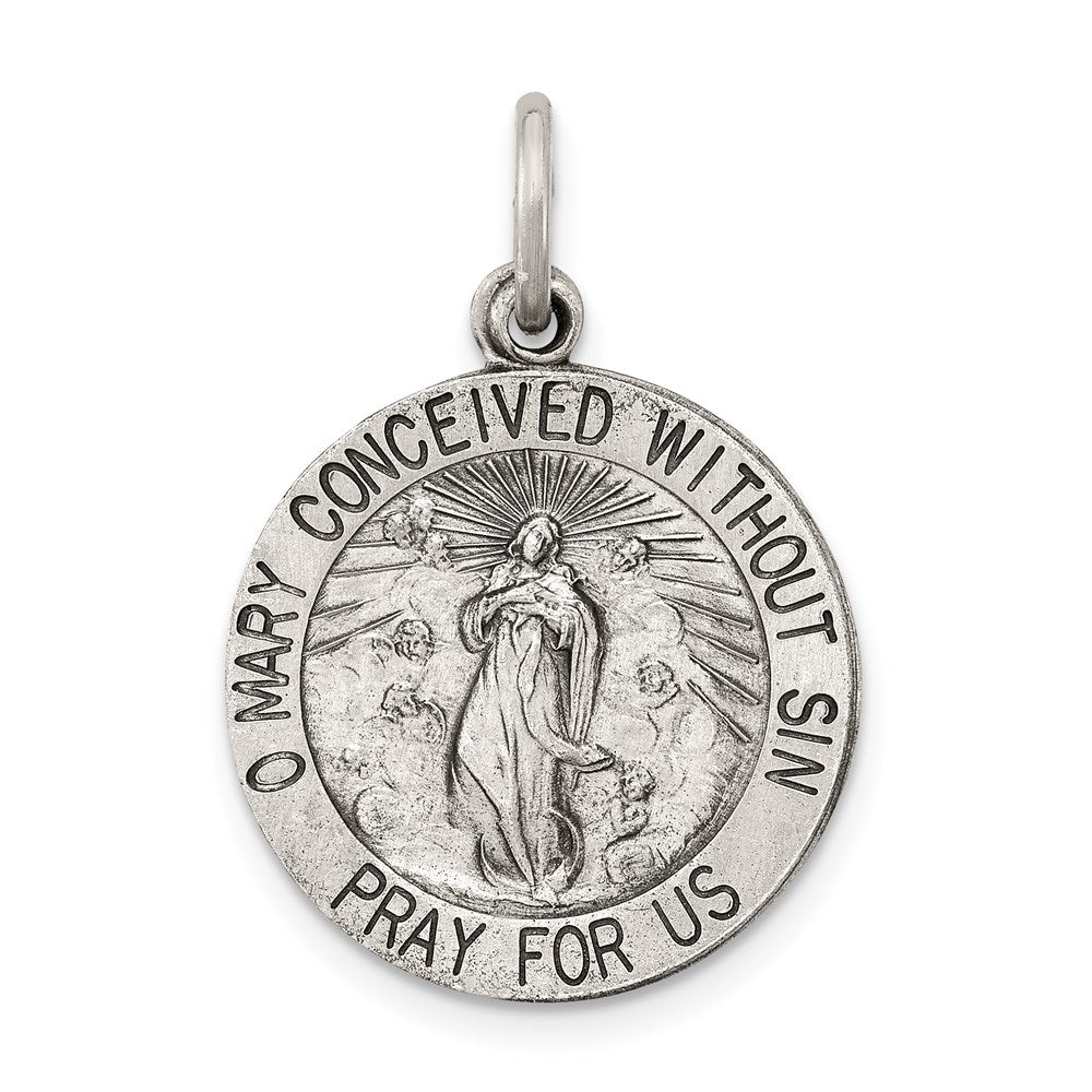 Sterling Silver Antiqued Blessed Mother Medal, 25 x 19 mm