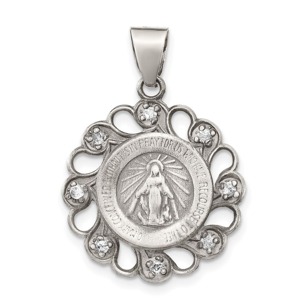 Sterling Silver & CZ Antiqued Blessed Mother Pendant, 26 x 19 mm