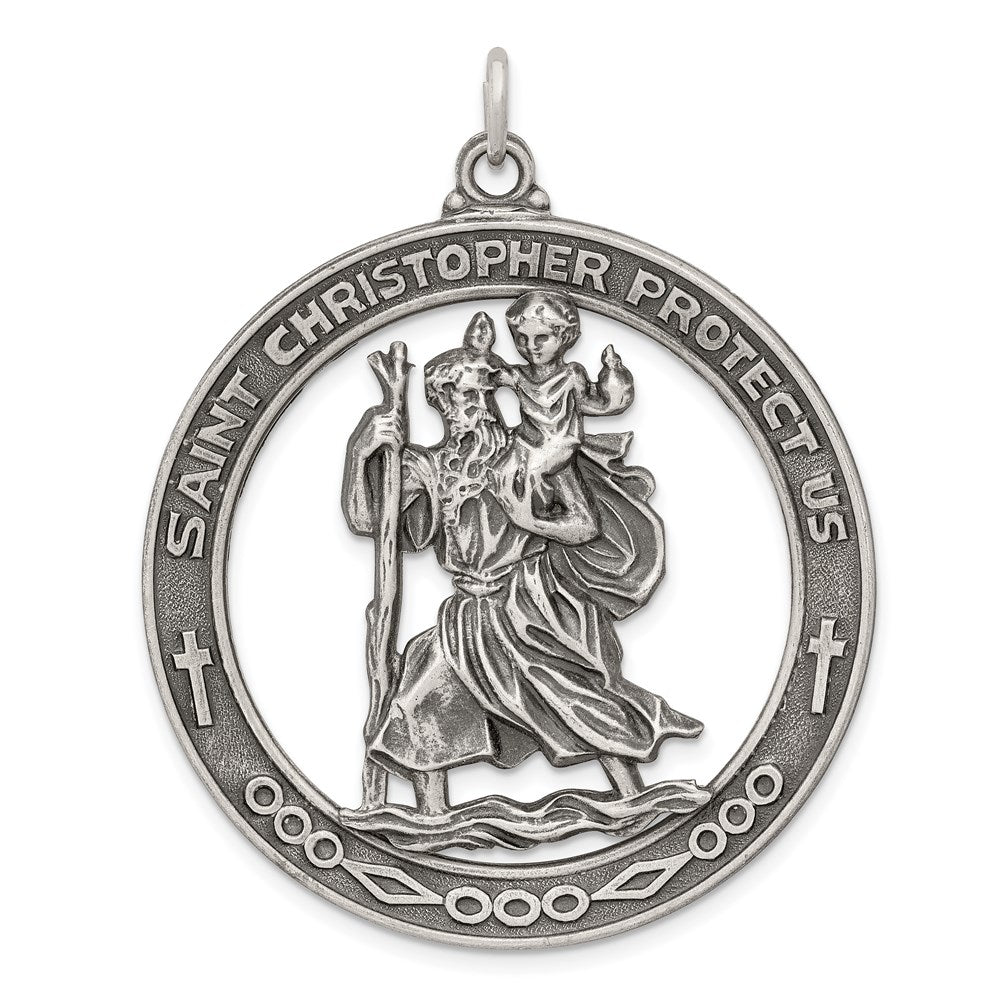 Sterling Silver Antiqued Saint Christopher Medal, 33 x 23 mm