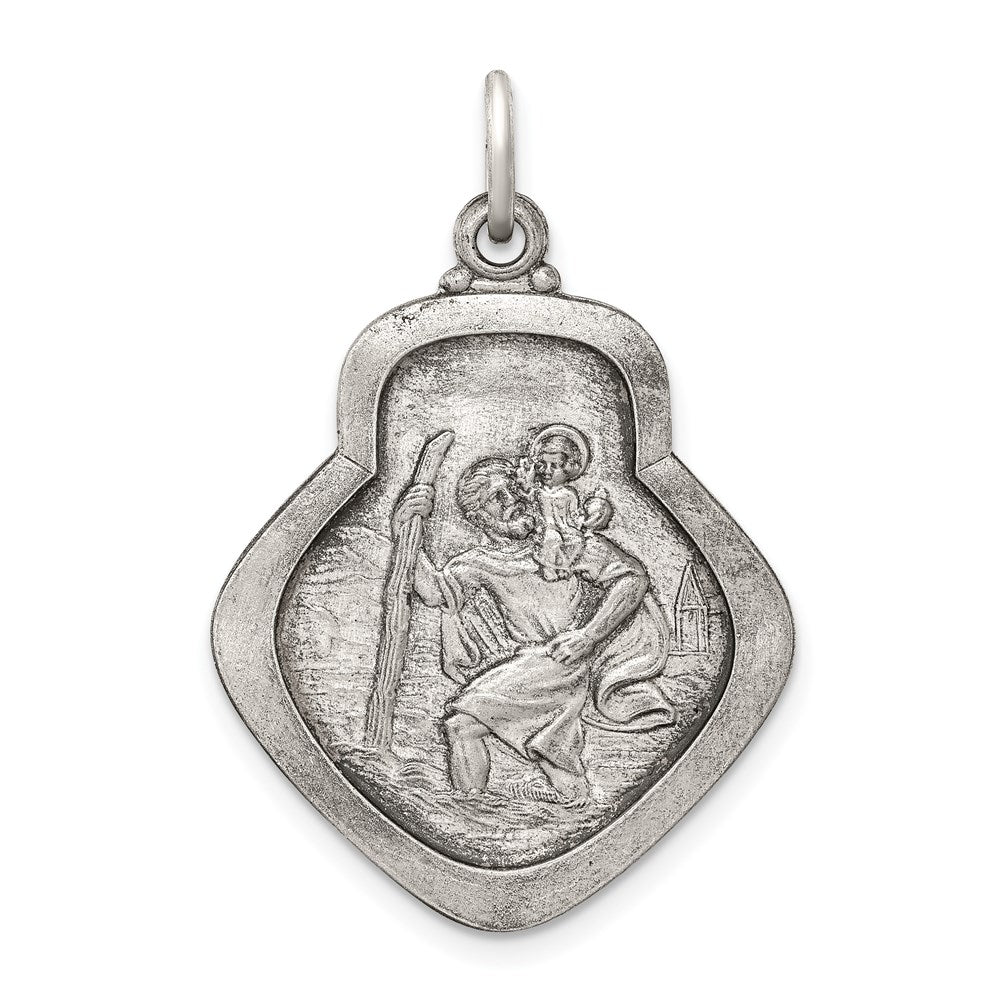 Sterling Silver Antiqued Saint Christopher Medal, 47 x 37 mm