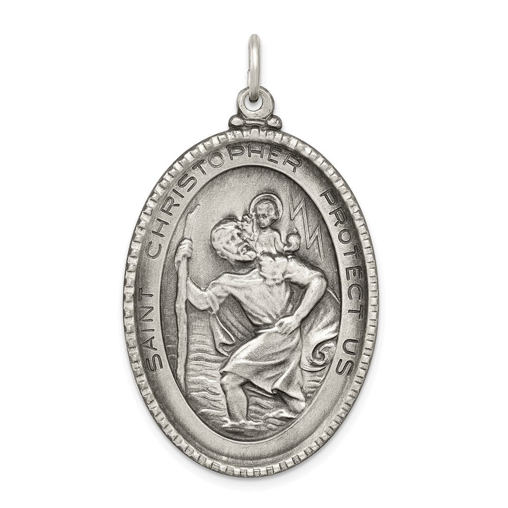 Sterling Silver Antiqued Saint Christopher Medal, 43 x 27 mm