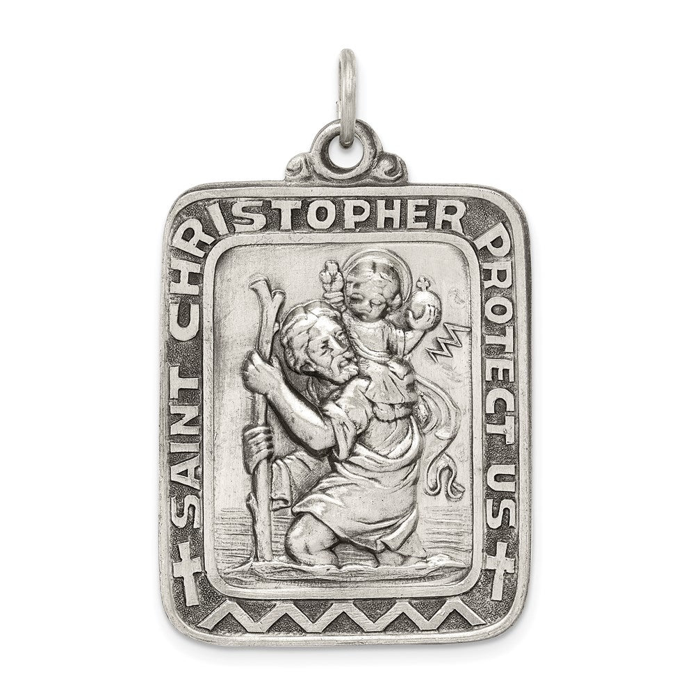 Sterling Silver Antiqued Saint Christopher Medal, 41 x 26 mm