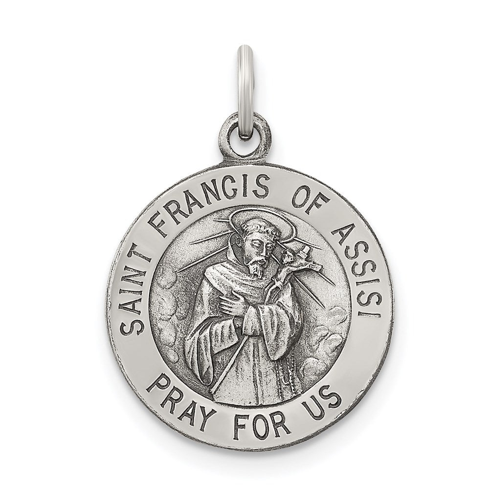 Sterling Silver Antiqued Saint Francis of Assisi Medal, 20 x 16 mm