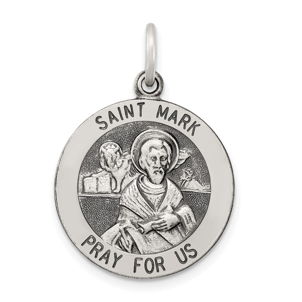 Sterling Silver Antiqued Saint Mark Medal, 25 x 20 mm