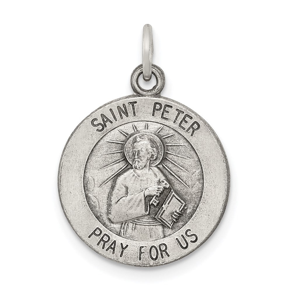 Sterling Silver Antiqued Saint Peter Medal, 20 x 15 mm