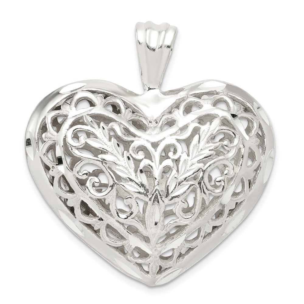 Sterling Silver Filigree Puffed Heart Pendant, 36 x 35 mm