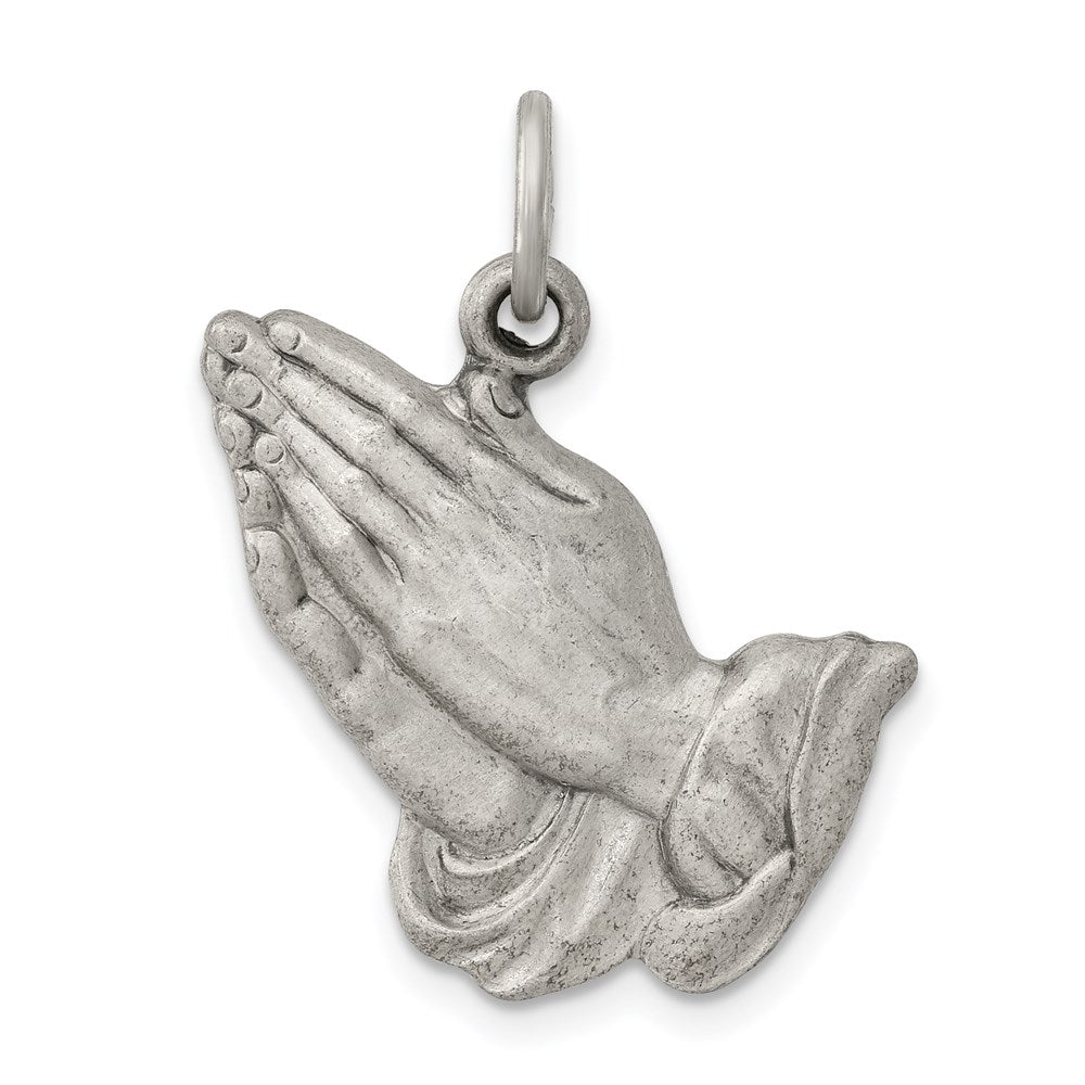 Sterling Silver Antiqued Praying Hands Charm, 26 x 15 mm