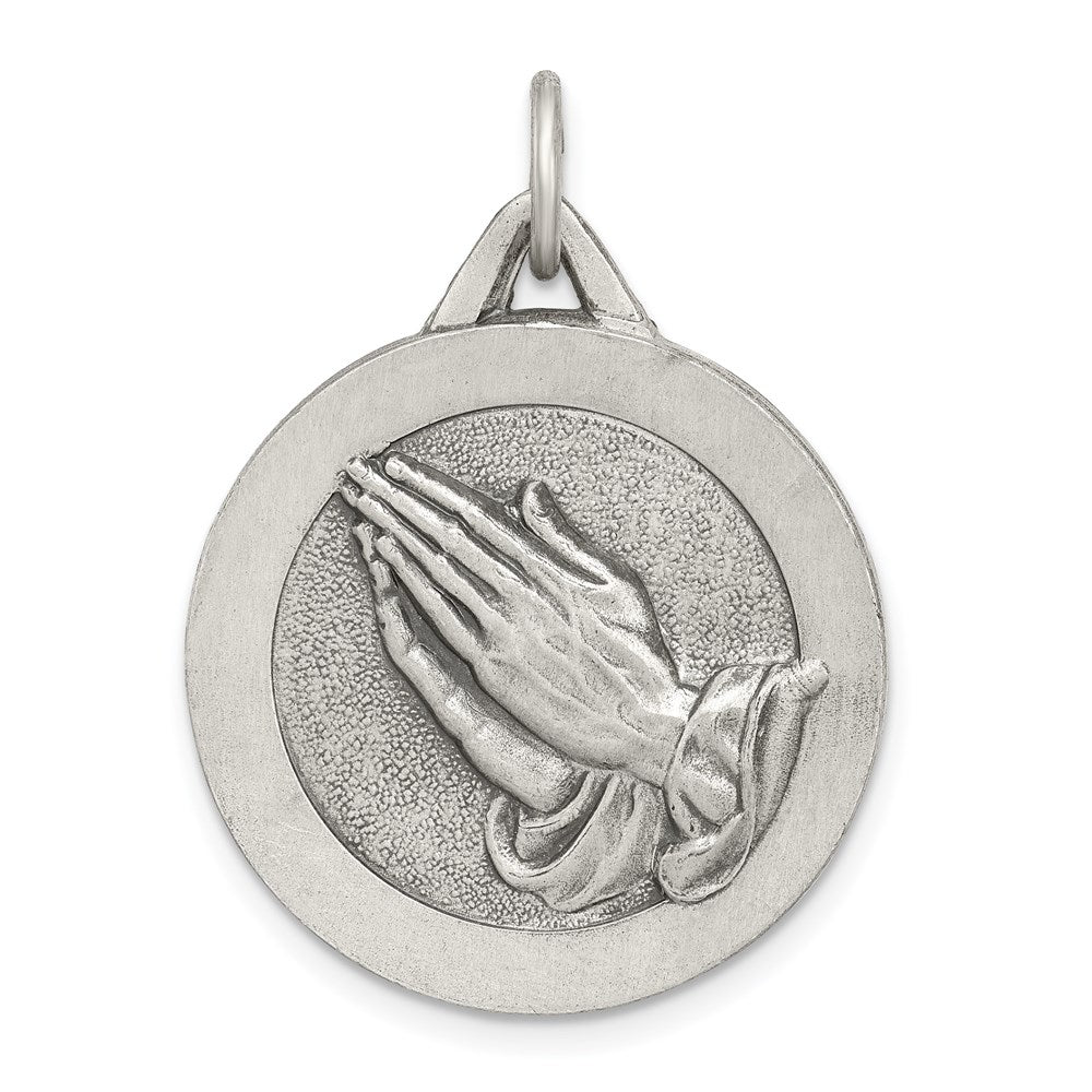 Sterling Silver Antiqued Praying Hands Pendant, 30 x 20 mm
